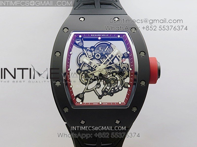 RM055 Red Crown Red Inner Black Ceramic ZF 1:1 Best Edition Skeleton Dial On Black Rubber Strap RMUL2 Super Clone