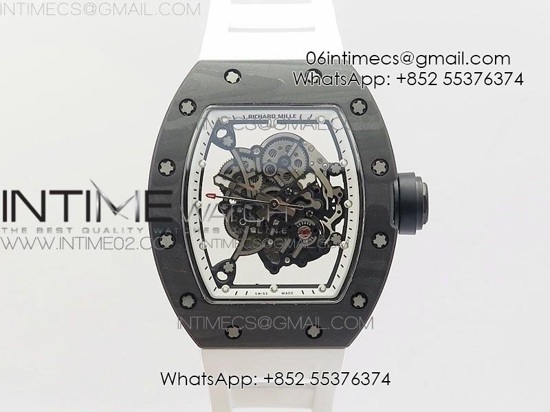 RM055 Ti Case KVF Best Edition Carbon Bezel Skeleton Dial Black Crown on White Rubber Strap MIYOTA8215