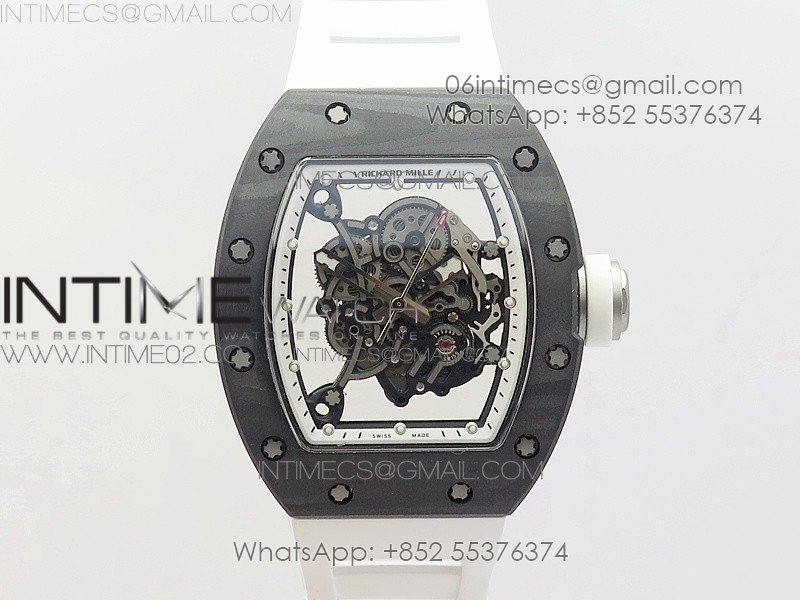 RM055 Ti Case KVF Best Edition Carbon Bezel Skeleton Dial White Crown on White Rubber Strap MIYOTA8215
