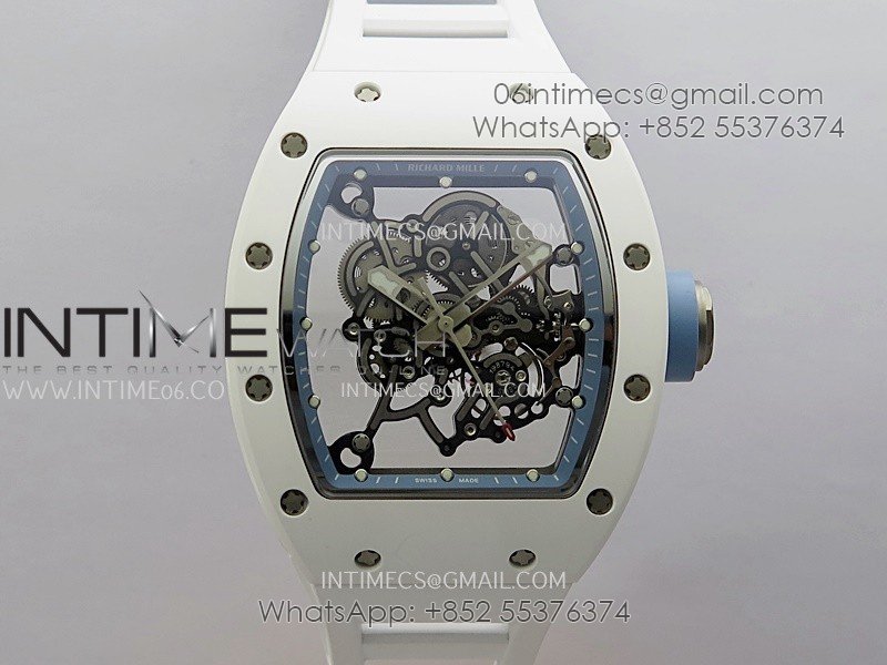 RM055 White Ceramic Blue Inner Bezel  DF Best Edition On White Rubber Strap RMUL2 Super Clone (Free Sprung)