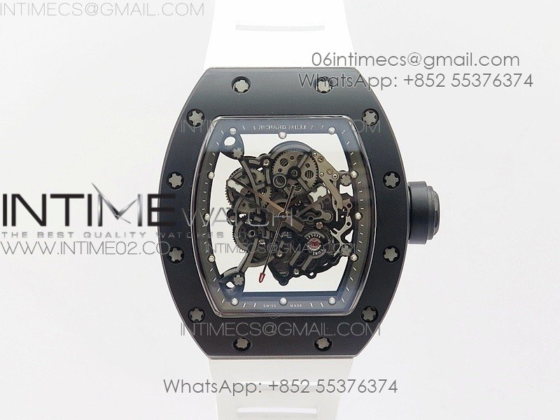 RM055 White Ceramic Case KVF Best Edition Black Ceramic Bezel Skeleton Dial on White Rubber Strap MIYOTA8215