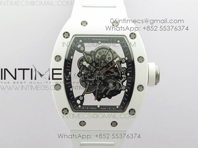 RM055 White Ceramic KVF Best Edition Skeleton Dial Black Crown on White Rubber Strap MIYOTA8215 V3