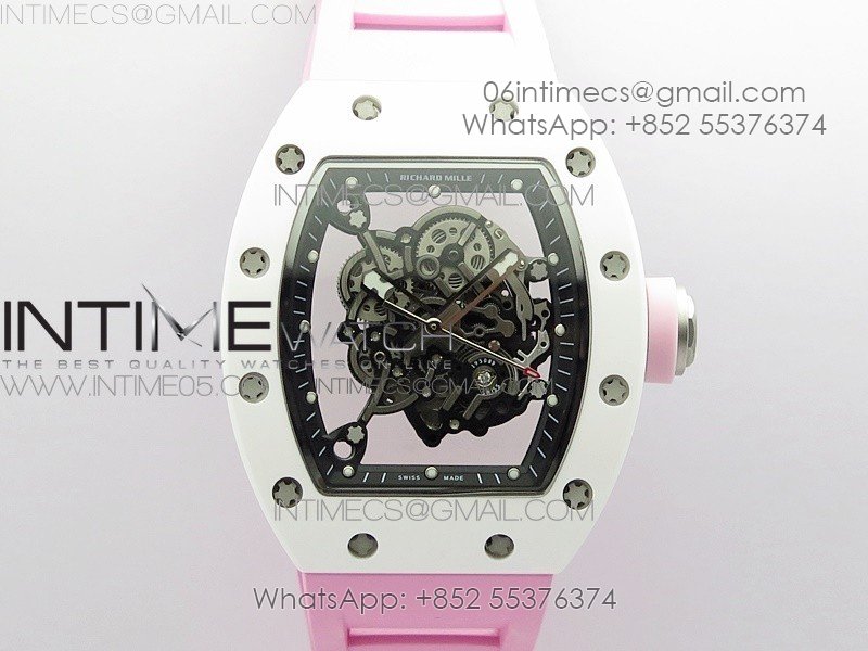 RM055 White Ceramic KVF Best Edition Skeleton Dial on Pink Rubber Strap MIYOTA8215 V3