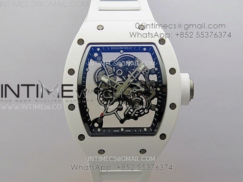 RM055 White Ceramic ZF 1:1 Best Edition Skeleton Dial On White Rubber Strap RMUL2 Super Clone