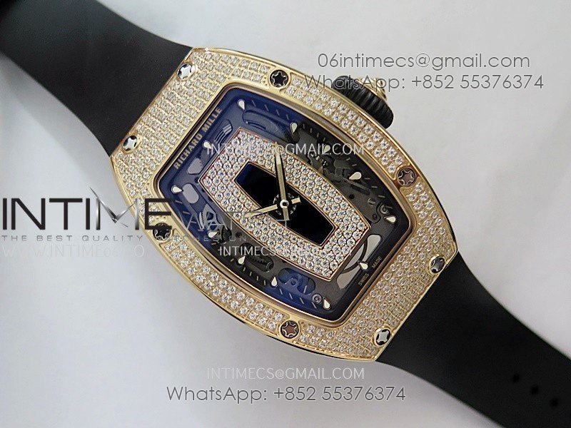 RM07 Paved Snowflake Cut Diamonds RG ZF Best Edition Black MOP Diamond Skeleton Dial On Black Rubber Strap Asian CRMA2 Clone