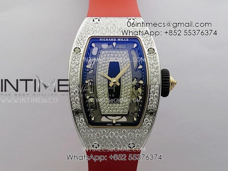 RM07 Paved Snowflake Cut Diamonds SS ZF Best Edition Red MOP Diamond Skeleton Dial On Red Rubber Strap Asian CRMA2 Clone