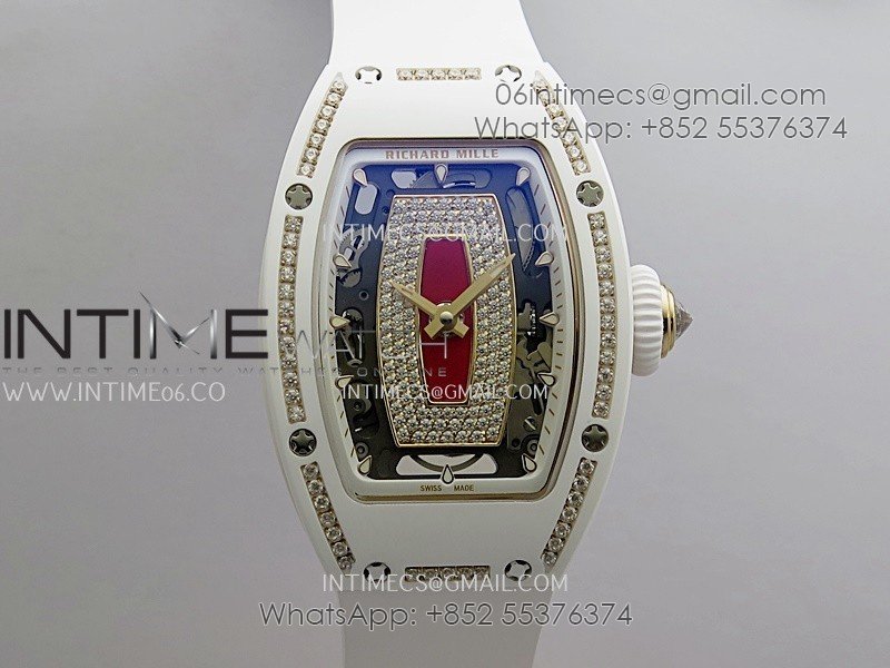 RM07 Real White Ceramic Diamond Bezel YG ZF Best Edition Red MOP Diamond Skeleton Dial On Black Rubber Strap Asian CRMA2 Clone