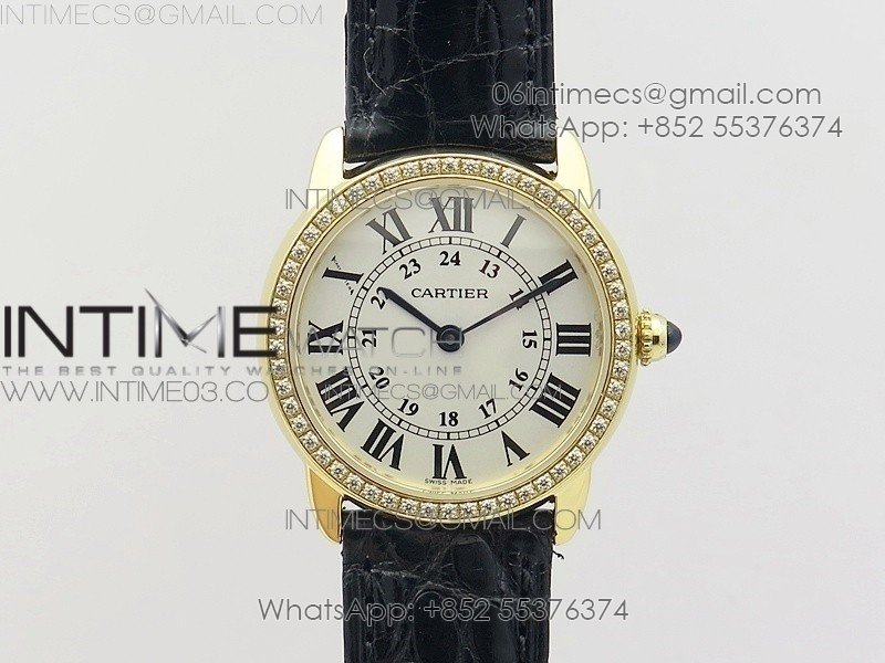 Ronde Solo de Cartier 29.5mm YG/Dia K11 1:1 Best Edition White Dial on Black Croco Leather Strap Ronda Quartz