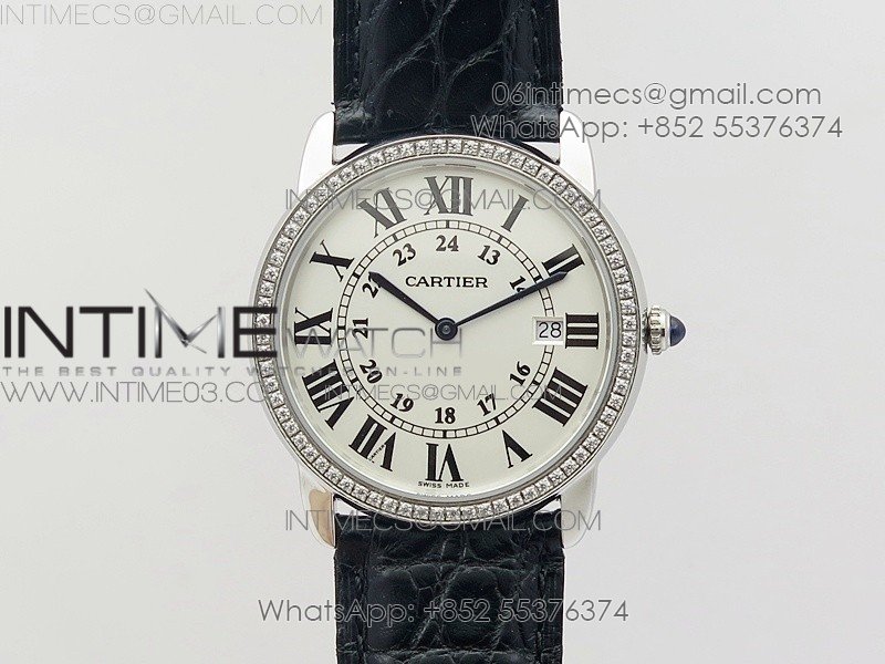 Ronde Solo de Cartier 36mm K11 SS/Dia 1:1 Best Edition White Dial on Black croco leather strap Ronda Quartz