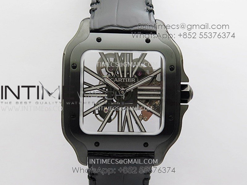 Santos de Cartier Skeleton PVD MLF Best Edition Skeleton Dial On Black Leather Strap Super Clone 9612MC