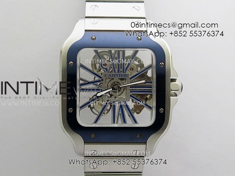 Santos de Cartier Skeleton SS MLF Skeleton Blue Skeleton Dial Blue Bezel on SS SmartLink Bracelet 9611MC Super Clone