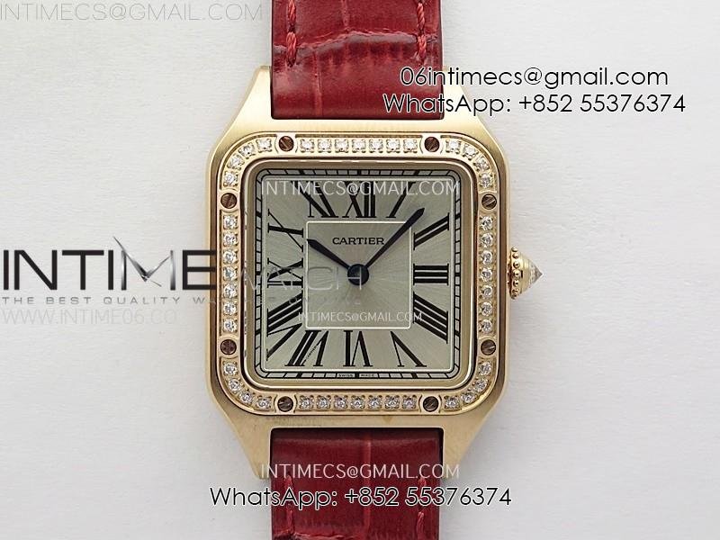 Santos Dumont 38mm RG/Diamonds Bezel F1F Best Edition Silver Dial on Red Leather Strap Quartz