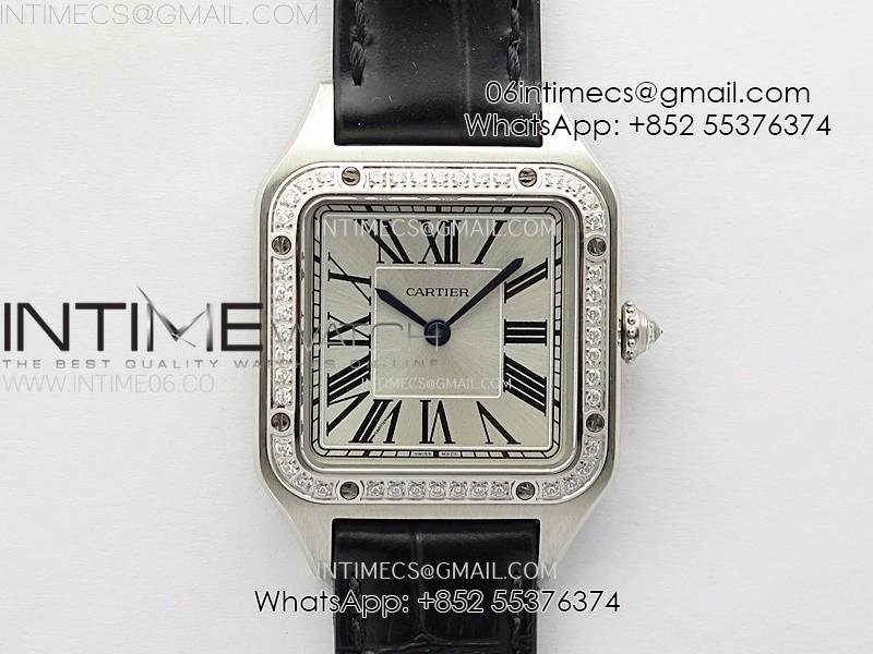 Santos Dumont 38mm SS/Diamonds Bezel F1F Best Edition Silver Dial on Black Leather Strap Quartz