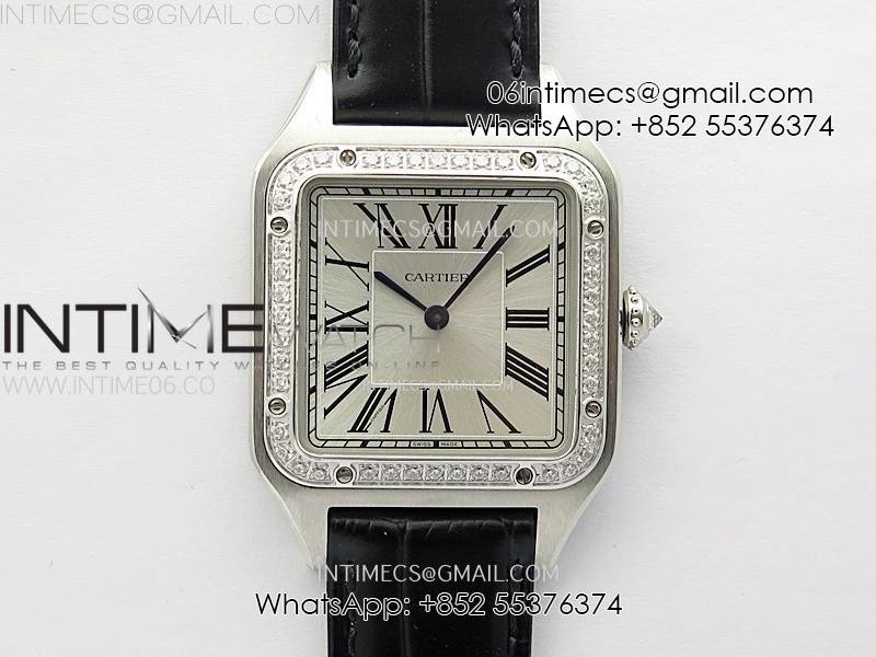 Santos Dumont 43.5mm SS/Diamonds Bezel F1F Best Edition Silver Dial on Black Leather Strap Quartz