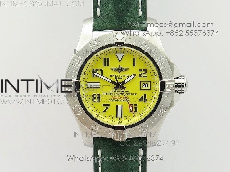 Seawolf SS 1:1 Best Edition SuperLumed Yellow Dial Number Markers on Green Leather Strap A2824(Super Thick Crystal)
