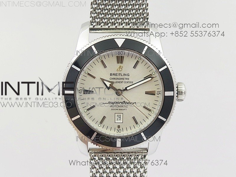 Super Ocean Heritage 46mm SS Black Bezel White Dial on SS Mesh Bracelet A2824