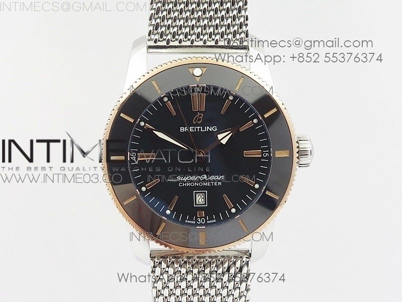 Super Ocean Heritage Blue Ceramic Bezel SS/RG Black Dial on SS Bracelet A2824