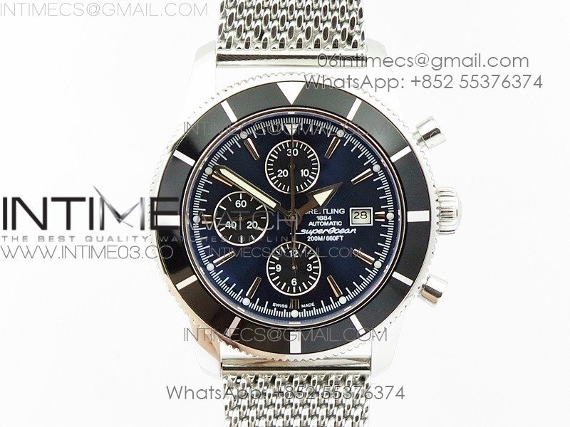 SuperOcean A13312 46mm Black Bezel Blue Dial/black subdial on SS Bracelet A7750