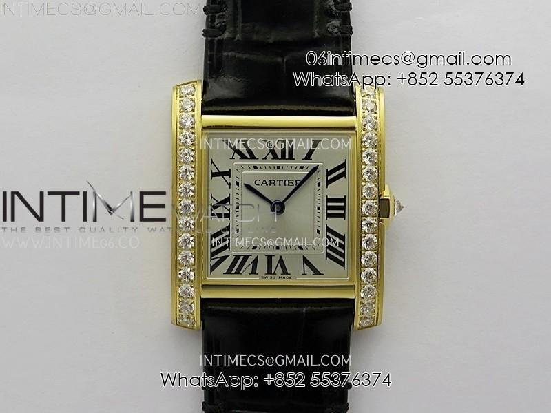 Tank Francaise Ladies 27mm Diamond Bezel YG 8848F 1:1 Best Edition Silver Dial on Black Leather Strap Ronda Quartz V2