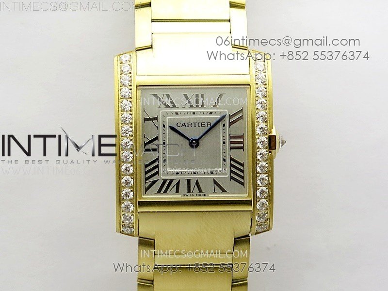 Tank Francaise Ladies 27mm YG/Diamonds Bezel 8848F 1:1 Best Edition Silver Dial on YG Bracelet Ronda Quartz